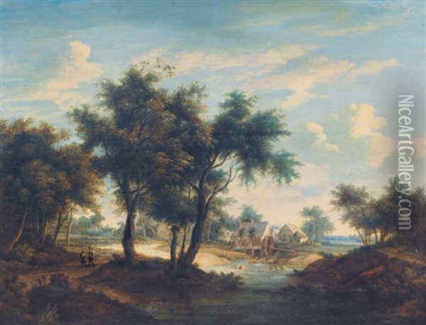 Mill In A River Landscape Oil Painting - Meindert Hobbema