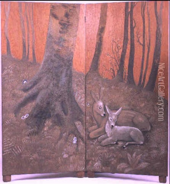 Biche Et Son Faon Sur Fond D'arbres Oil Painting - Jean Dunand