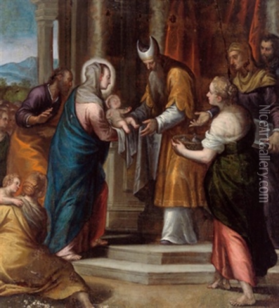 Die Darbringung Im Tempel, La Presentazione Del Bambino Gesu Al Tempio Oil Painting - Alessandro Maganza