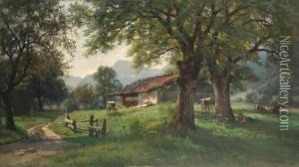 Sonnenbeschienene Almwiese Mit Kuhen Und Hirte Im Schatten Der Baume Ruhend Oil Painting - Paul Weber