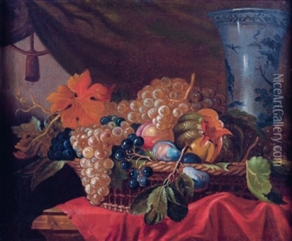 Nature Morte A La Coupe De Fruits Et Au Vase De Delft Sur Un Entablement Oil Painting - Jan Pauwel Gillemans The Elder