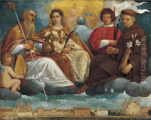 Saint Prosdocimus, Justina, Daniel And Antony Of Padua In Glory With A View Of The Prato Della Valle (padua) Below Oil Painting - Pietro Damini