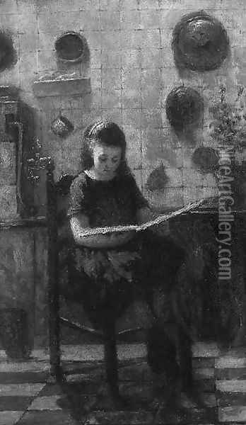 A young girl reading in a kitchen Oil Painting - Ludovians Johannes Van Erven Dorens