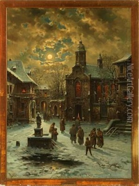 Winter In A City With People On Their Way To Church Oil Painting - Leonhard Paulus