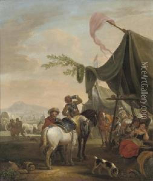 Soldiers On Horseback Near An Encampment Oil Painting - Jacob De Heusch