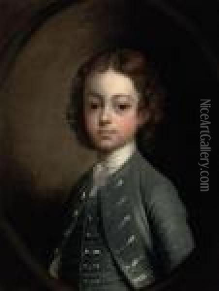 Portrait Of A Young Boy, Bust-length, In A Blue Jacket Andwaistcoat, In A Feigned Oval Oil Painting - Philippe Mercier