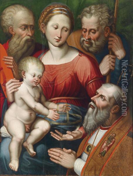 The Holy Family With Saints Joseph And Jerome And Abishop-donor Oil Painting - Innocenzo Da Imola
