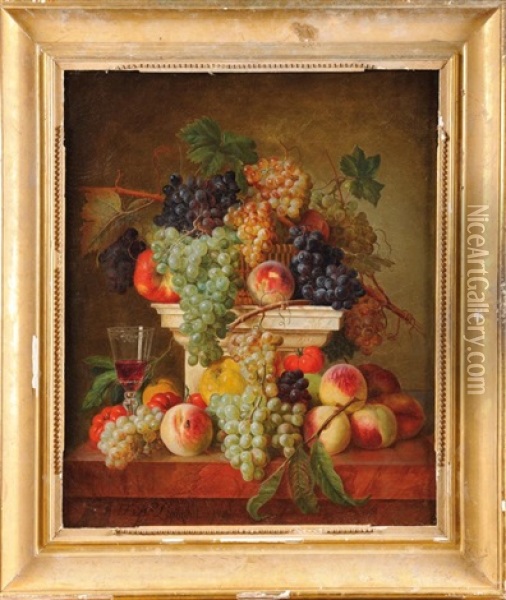 Peches, Grappes De Raisins Et Verre De Vin Sur Une Colonne En Marbre Oil Painting - Francois-Nicolas Laurent