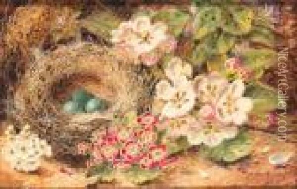 Apple Blossom, Primulas, A Bird's Nest With Eggs, On A Mossybank Oil Painting - Oliver Clare