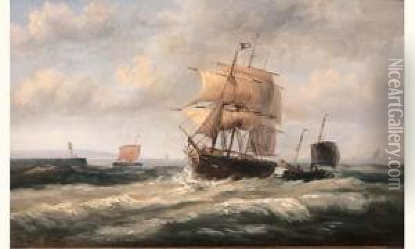 Trois Mats Par Temps De Houle Au Large Des Cotes Normandes Oil Painting - Jean Baptiste Henri Durand-Brager