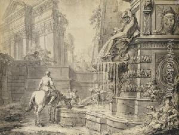 Caprice Architectural Avec Un Cavalier Abreuvant Son Cheval A Une Fontaine Oil Painting - Gilles-Marie Oppenord