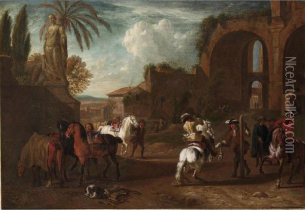 A Riding-school With Other 
Horsemen In An Italianate Village Scene With Ruins Of Classical 
Architecture Behind Oil Painting - Pieter van Bloemen