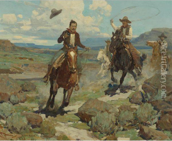 Pursuit Of A Cattle Thief Oil Painting - Frank Tenney Johnson