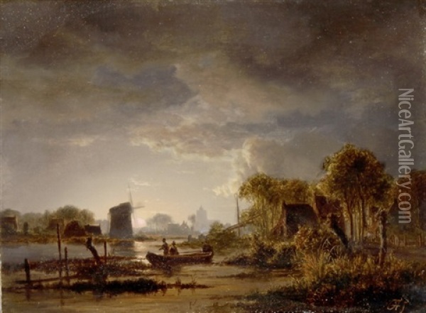 Flusslandschaft Mit Windmuhle Bei Aufgehendem Vollmond Oil Painting - Jacobus Theodorus Abels