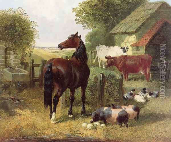 A Horse, Pigs, Cows & Ducks Oil Painting - John Frederick Herring Snr