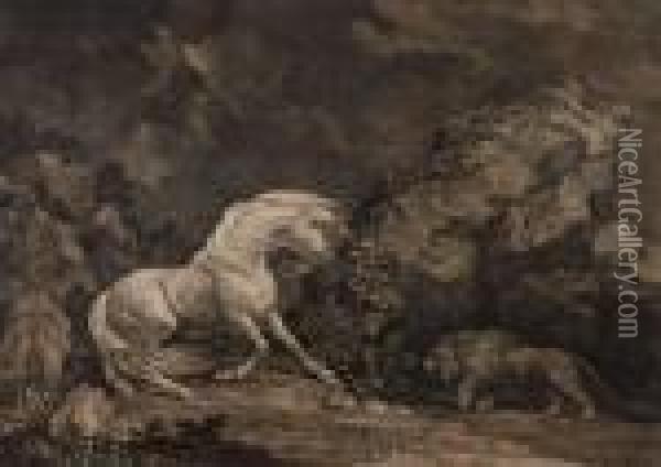 A Horseaffrightened By A Lion Oil Painting - George Stubbs