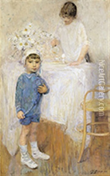 L'oeuf A La Coque (interieur Avec Enfant En Bleu) Oil Painting - Ernest Jean Joseph Godfrinon