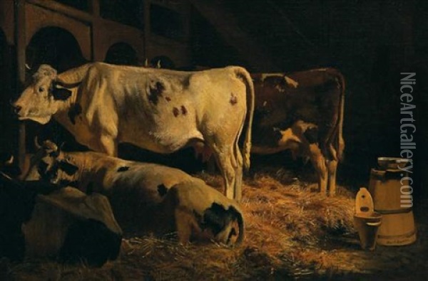 Vaches A L'etable Oil Painting - Albert Lugardon