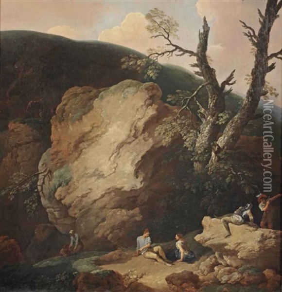 A Rocky Landscape With Soldiers And Other Figures Resting And Conversing Oil Painting - Andrea Locatelli