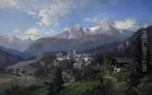 View On The Berchtesgaden. Signed Lower Left: Hiller Oil Painting - Heinrich (Heinz) Hiller