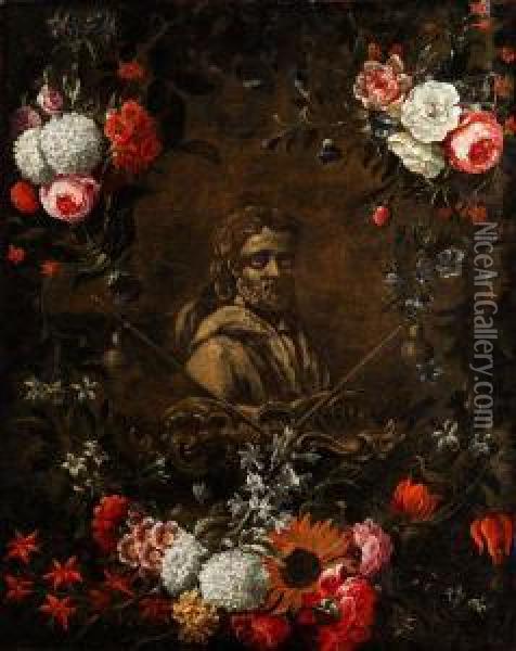 Buste Des Heiligen Jakobus Im Blutenkranz Oil Painting - Nicolas Van Veerendael