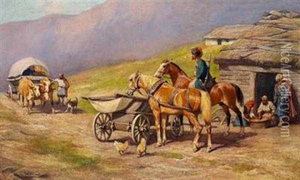 Farmers And A Horseman At A Cottage In The Caucasus Oil Painting - Carl Suhrlandt