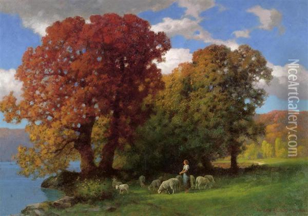 Landscape With Shepherdess. Oil Painting - Hermann Traugott Rudisuhli