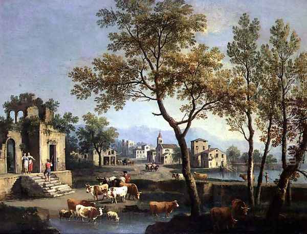 A Village Street with Peasants and Cattle Oil Painting - Gianbattista Cimaroli
