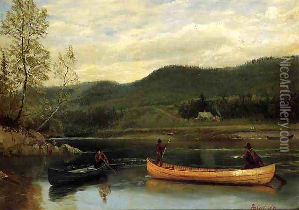 Men In Two Canoes Oil Painting - Albert Bierstadt