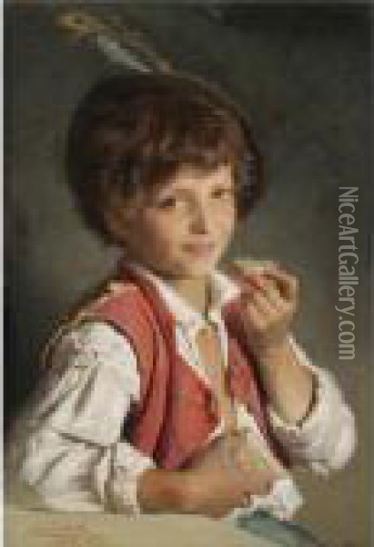Brotzeit (young Boy Eating Bread) Oil Painting - Franz Xaver Simm