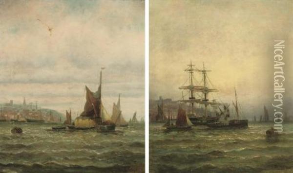 A Hay Barge And Other Shipping 
On The Medway; And Shipping On The Medway (both Illustrated) Oil Painting - William A. Thornley Or Thornber