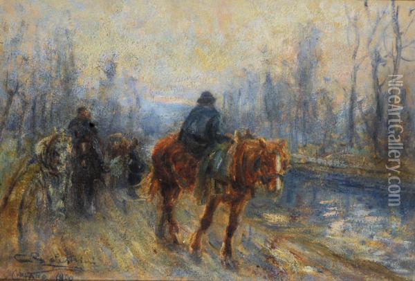 A Cavallo Lungo I Navigli Oil Painting - Carlo Balestrini