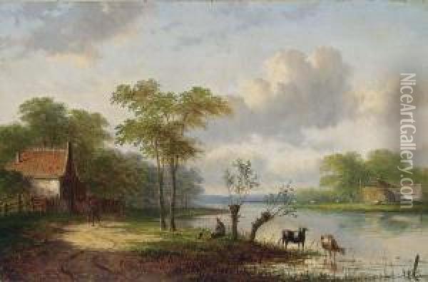 Figures In A River Landscape Oil Painting - Jan Evert Morel