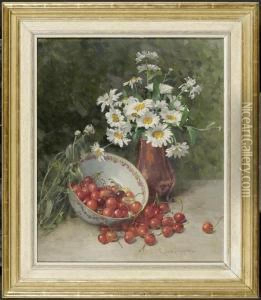 Still Life With Flowers In A Bronze Vase With Cherries Oil Painting - Clara Von Sivers