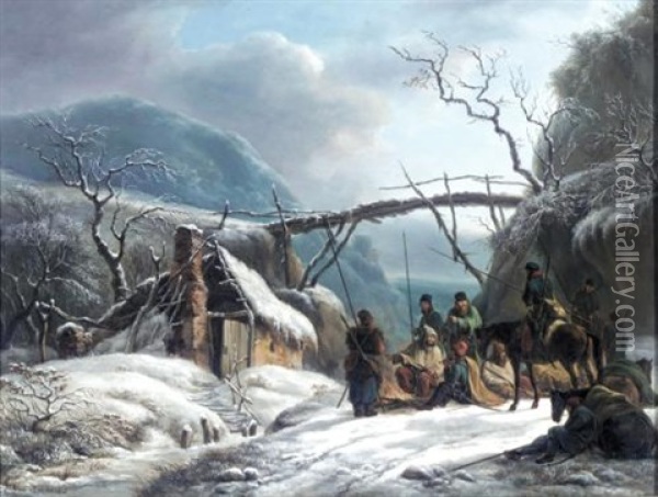 Winter Landscape With Resting Lancers Oil Painting - Hendrick Van Assche