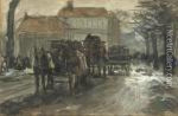 Carriages In Winter, The Hague Oil Painting - Floris Arntzenius