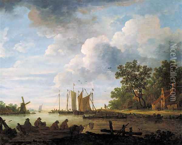 A river landscape on a cloudy day with fishermen with lobsterpots in rowing boats Oil Painting - Jan van Goyen