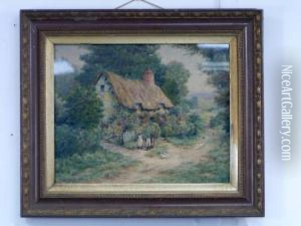 Figures By A Thatched Cottage In A Country Lane Oil Painting - Henry John Sylvester Stannard