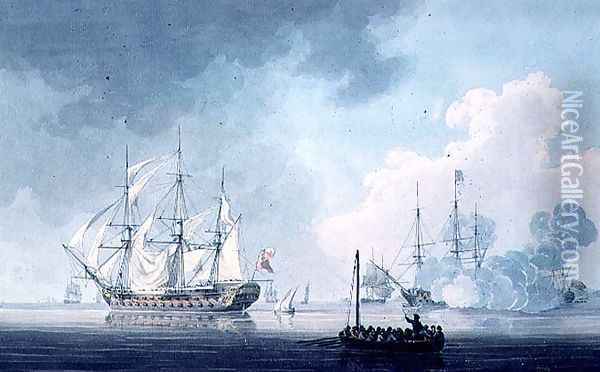 English Ships of War, one firing a Salute Oil Painting - Robert Cleveley