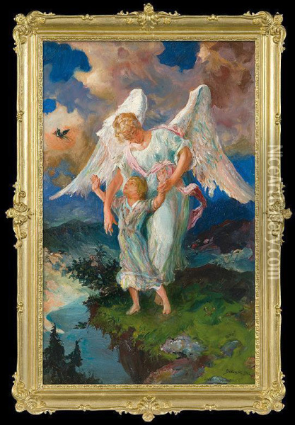 Guardian Angel Oil Painting - Stanislaw Batowski-Kaczor