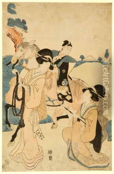 Scene Of A Young Man On Horseback With Two Female Attendants. Oil Painting - Toyokuni