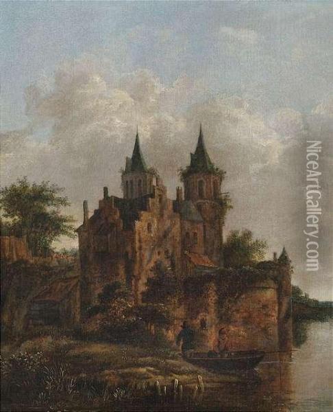 Old Moated Castle With Towers. Oil Painting - Cornelius Decker