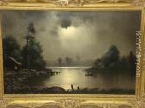 A Moonlit River Scene, Signed Oil Painting - Nils Hans Christiansen