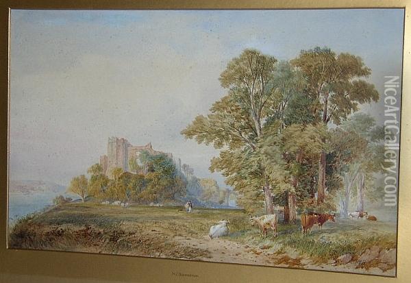 Sheep And Cattle Grazing By Castle Ruins Oil Painting - Henry John Boddington