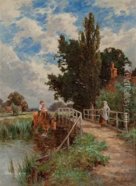 Figures By A Country Bridge Oil Painting - Henry H. Parker