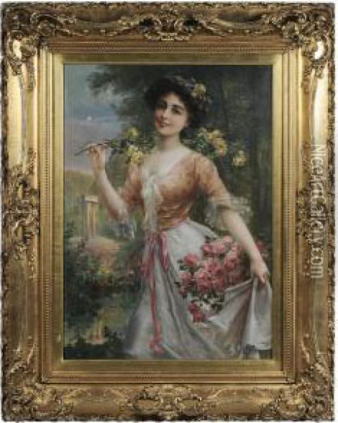 Beauty Gathering Flowers Oil Painting - Emile Vernon