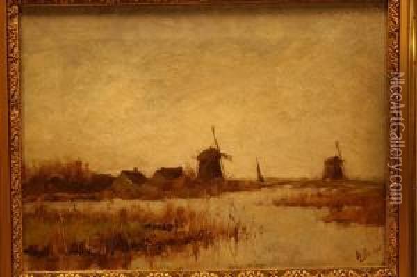 Molens Aan Een Hollandse Plas Oil Painting - Heertje Van Doornik