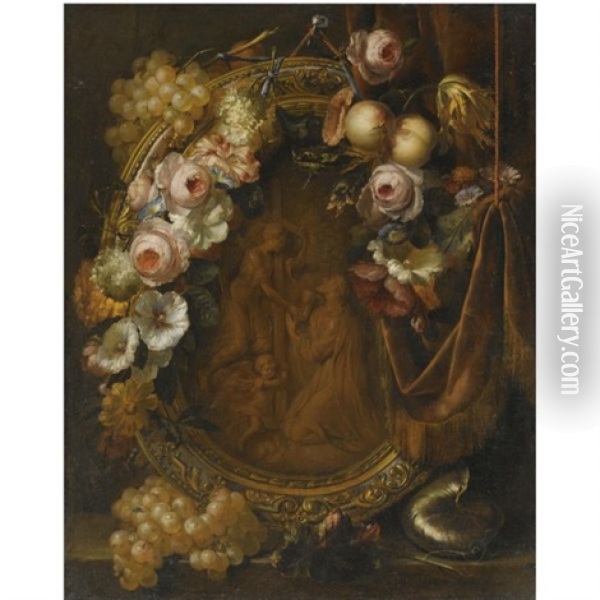 Still Life With A Garland Of Fruit And Flowers Adorning A Bronze Relief Of The Agony In The Garden Oil Painting - Herman van der Myn