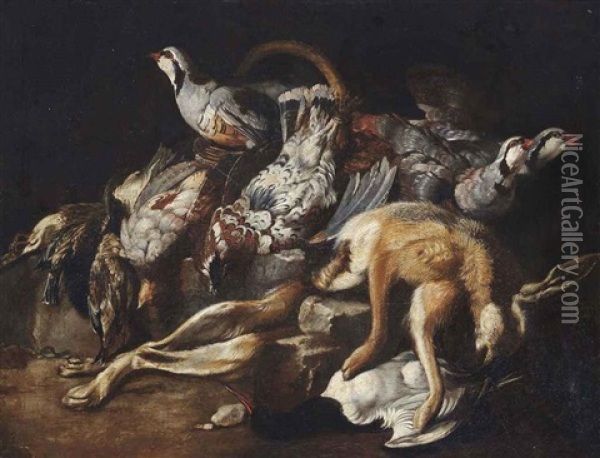A Dead Hare, Partridges And Other Game On A Stone Ledge Oil Painting - Jacob van der Kerckhoven