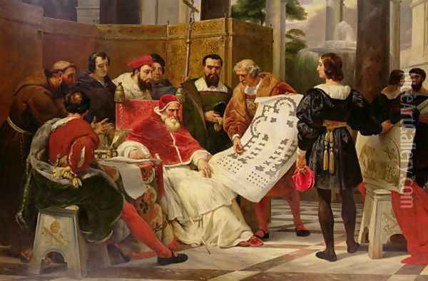 Pope Julius II ordering Bramante, Michelangelo and Raphael to construct the Vatican and St. Peters, 1827 Oil Painting - Horace Vernet